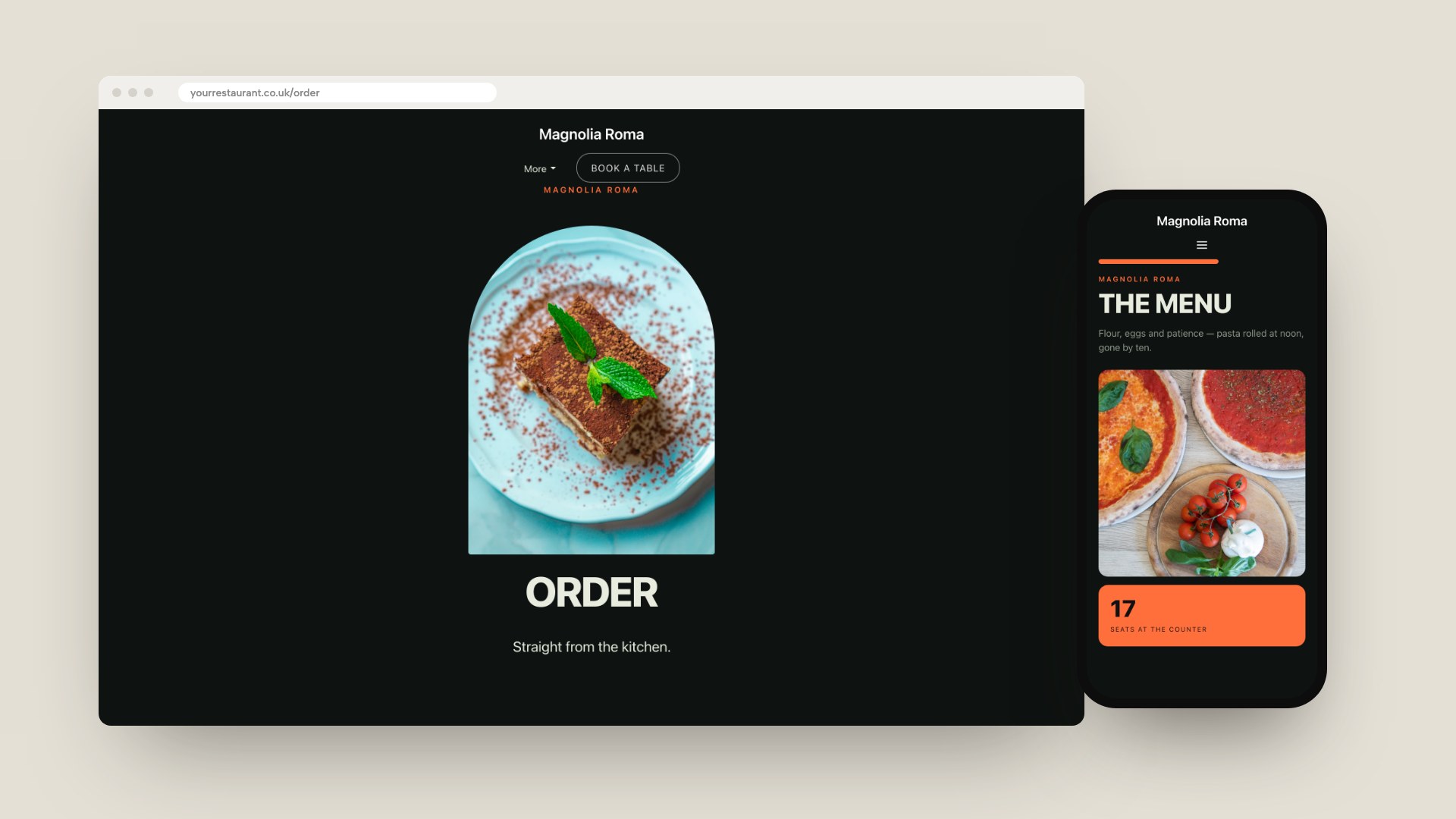 A browser window showing the order page of a TableSpark Italian template, beside a phone showing the template's menu page with a pizza photograph.