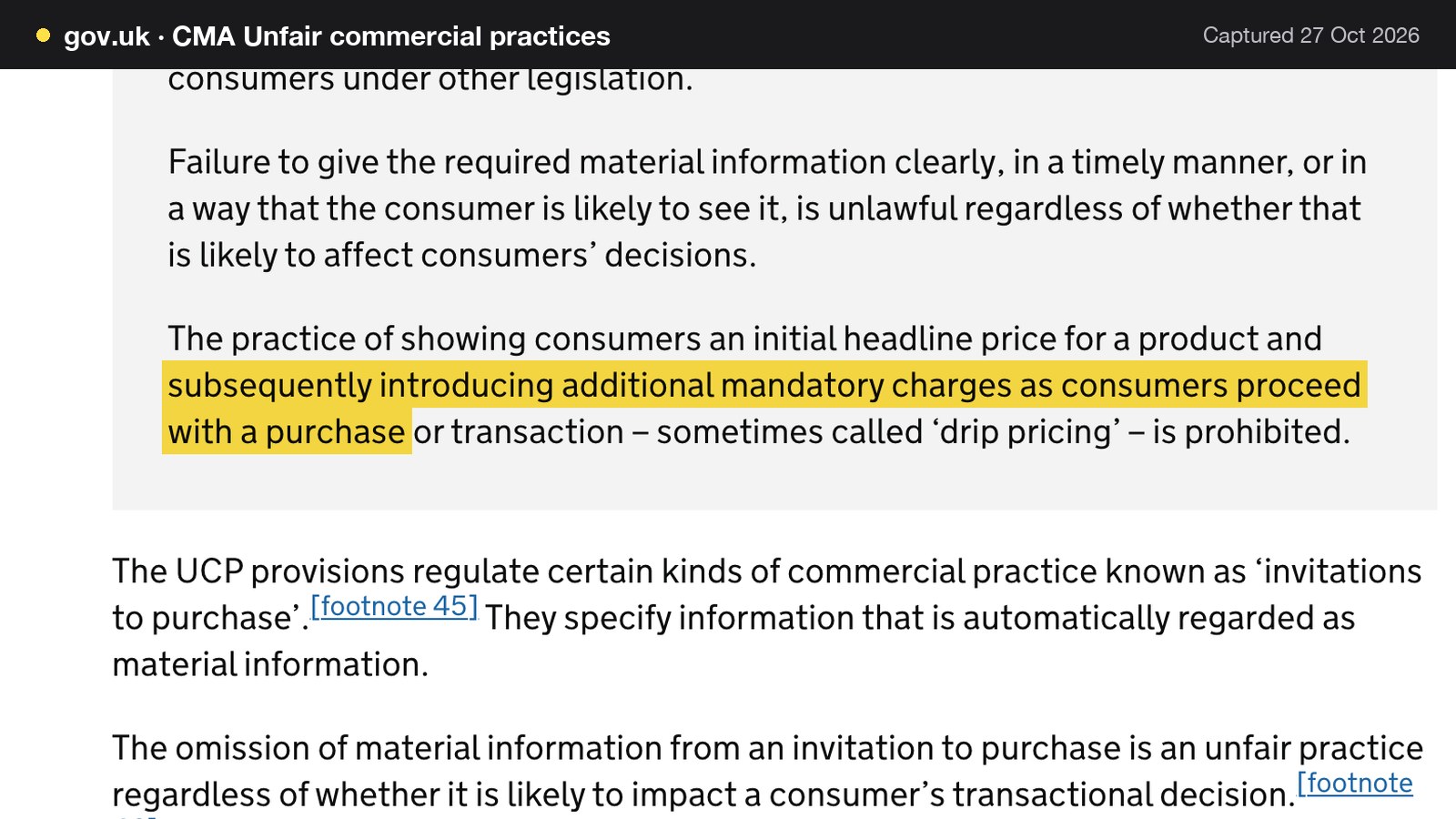 Screenshot of CMA Unfair commercial practices on gov.uk, with the words "subsequently introducing additional mandatory charges as consumers proceed with a purchase" highlighted.