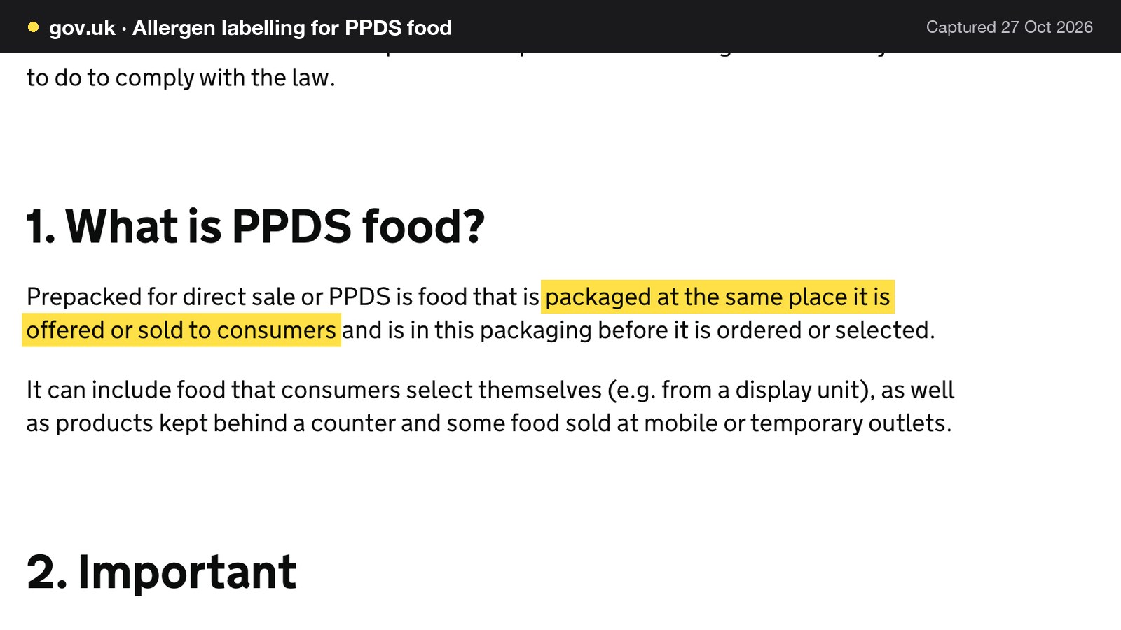 Screenshot of Allergen labelling for PPDS food on gov.uk, with the words "packaged at the same place it is offered or sold to consumers" highlighted.