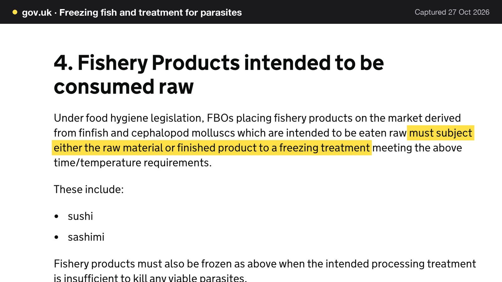 Screenshot of Freezing fish and treatment for parasites on gov.uk, with the words "must subject either the raw material or finished product to a freezing treatment" highlighted.