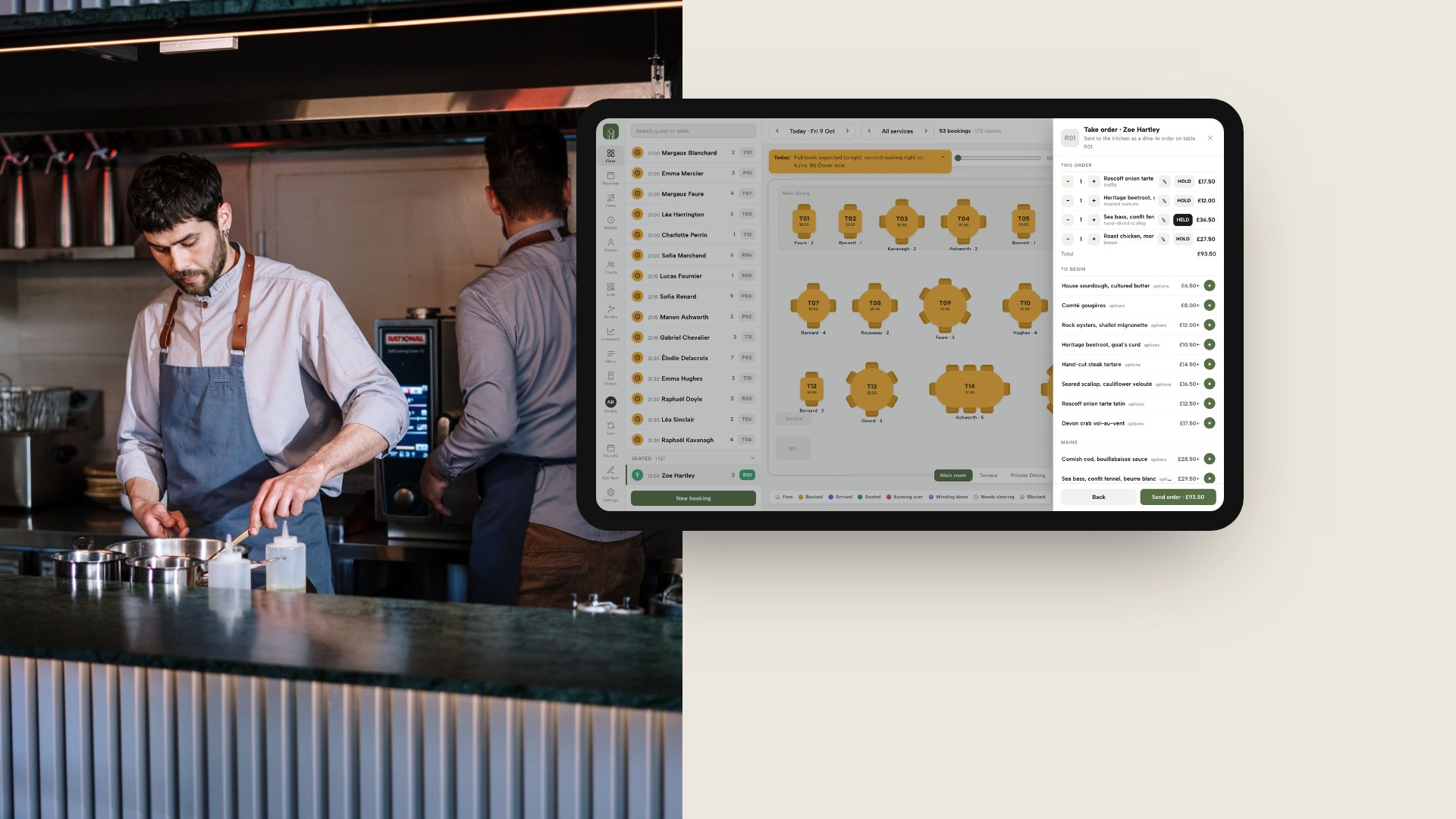 A chef working at a stainless-steel counter beside a tablet showing the TableSpark order pad, with a floor plan of tables and an order list where a main course is held.