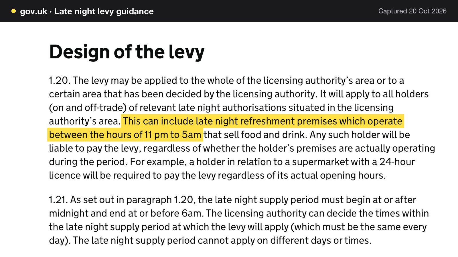 Screenshot of Late night levy guidance on gov.uk, with the words "This can include late night refreshment premises which operate between the hours of 11 pm to 5am" highlighted.