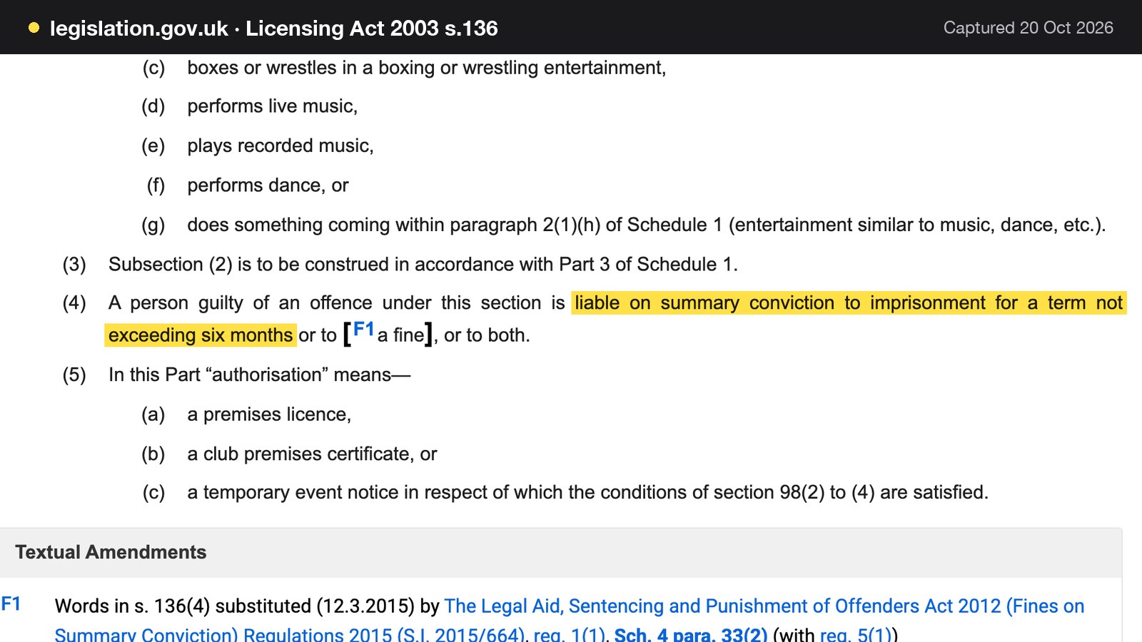 Screenshot of Licensing Act 2003 s.136 on legislation.gov.uk, with the words "liable on summary conviction to imprisonment for a term not exceeding six months" highlighted.