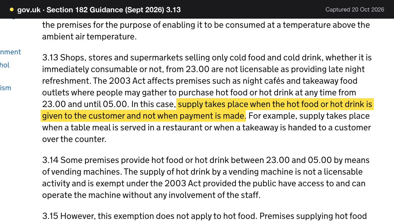 Screenshot of Section 182 Guidance (Sept 2026) 3.13 on gov.uk, with the words "supply takes place when the hot food or hot drink is given to the customer and not when payment is made" highlighted.