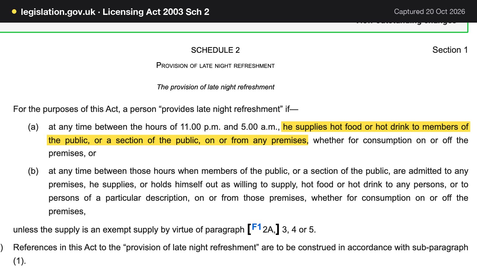 Screenshot of Licensing Act 2003 Sch 2 on legislation.gov.uk, with the words "he supplies hot food or hot drink to members of the public, or a section of the public, on or from any premises" highlighted.
