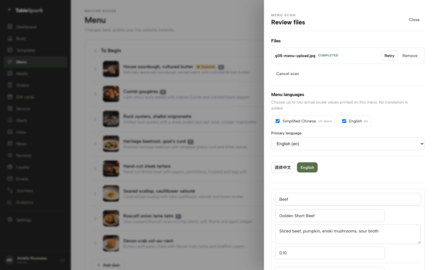 Practice screen: The scan review: Simplified Chinese and English both detected, a Review needed flag, and editable dish name, description and price fields