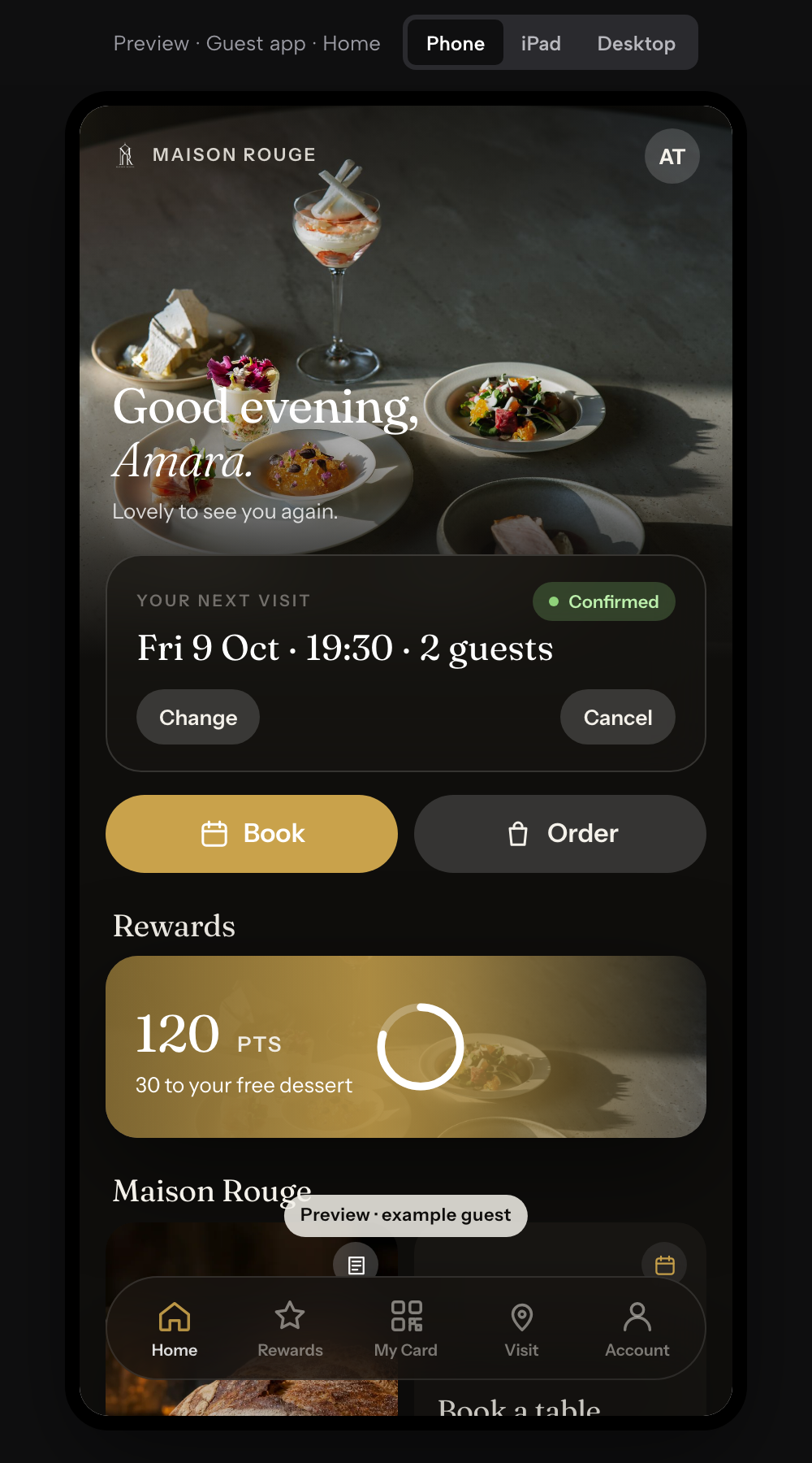 The Guest app preview in Phone view, with Phone, iPad and Desktop switches: the greeting, next visit, Book and Order buttons and rewards.