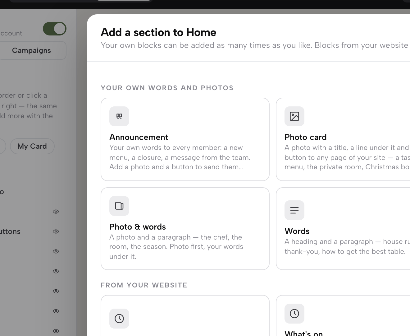 Add a section to Home: Announcement, Photo card, Event, Photo & words and Words, plus blocks from your website.