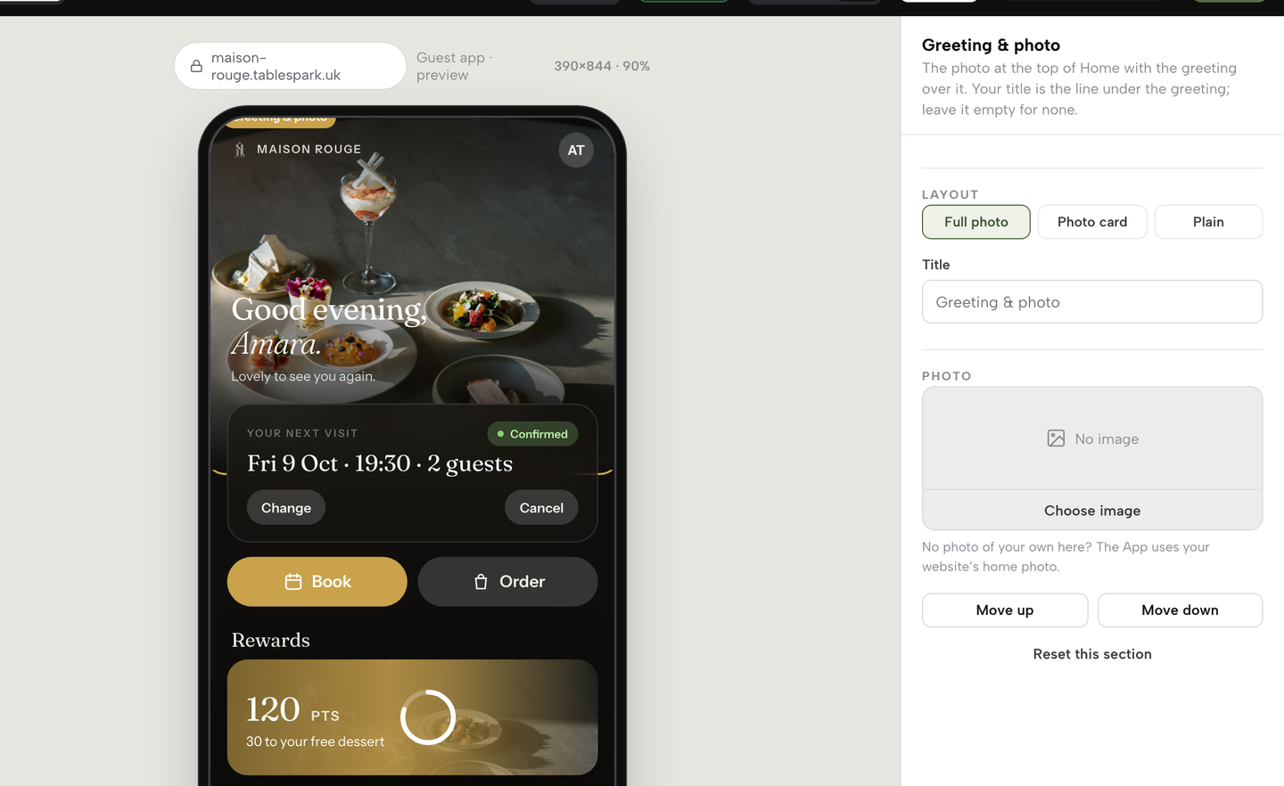 Greeting & photo selected in the Guest app tab: the section highlighted in the phone and its inspector open on the right.