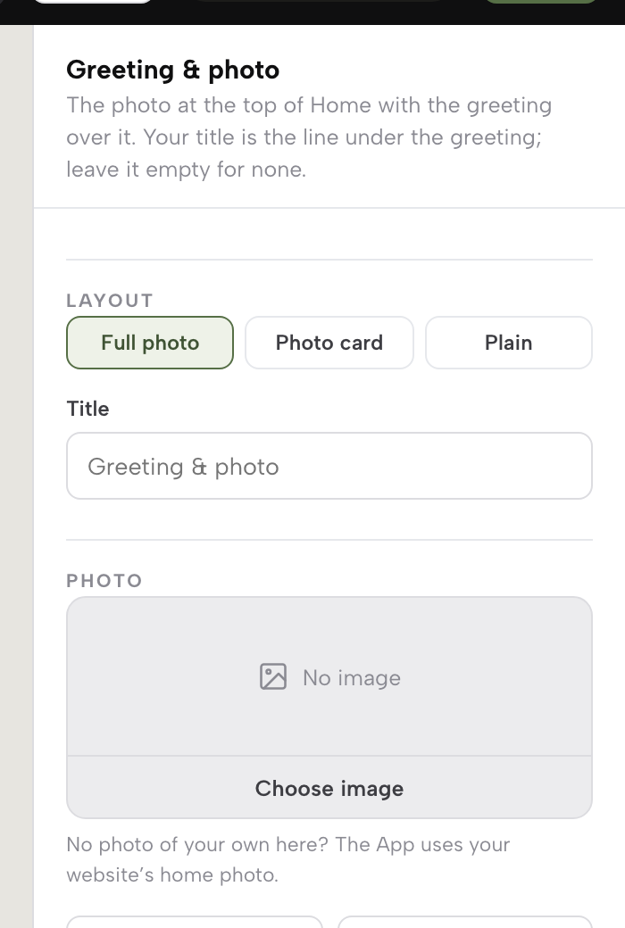 The Greeting & photo inspector: Layout choices Full photo, Photo card and Plain, the Title field and the Photo field with Choose image.