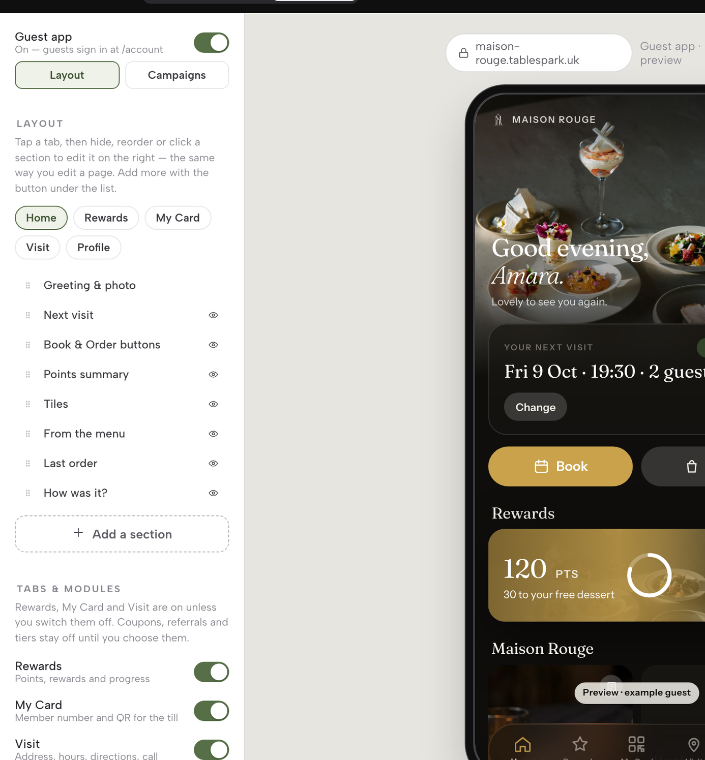 The Builder's Guest app tab: the Guest app switch, Layout and Campaigns, the Home tab's sections listed down the left and the app previewed in a phone frame.