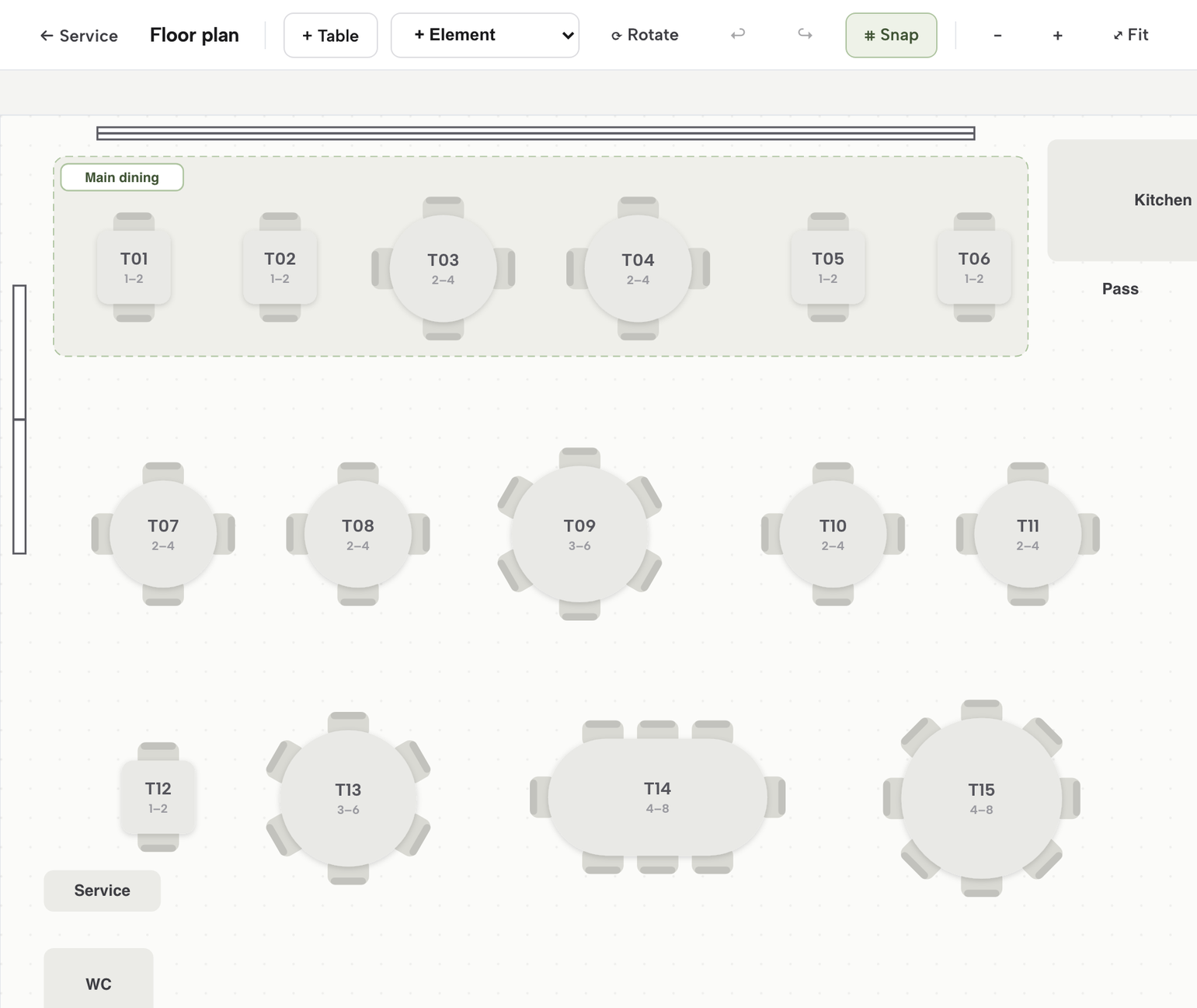 The floor plan editor: + Table, + Element, Rotate, Snap and Fit across the top, and a canvas of round and square tables with the kitchen, pass, host stand and a Main dining area.