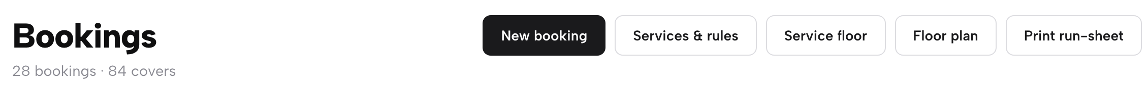 The Bookings page header in TableSpark: 28 bookings and 84 covers, with New booking, Services & rules, Service floor, Floor plan and Print run-sheet.