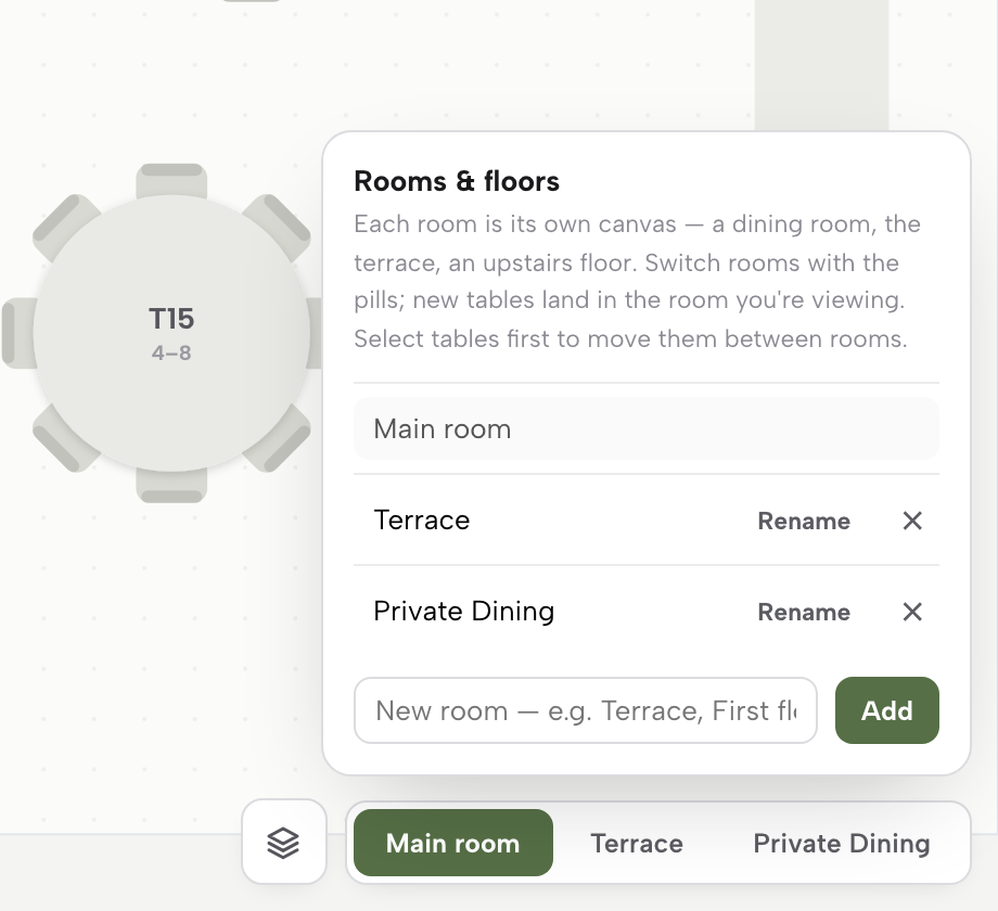 The Rooms & floors panel listing Main room, Terrace and Private Dining with Rename, a field for a new room and Add, above the room pills.