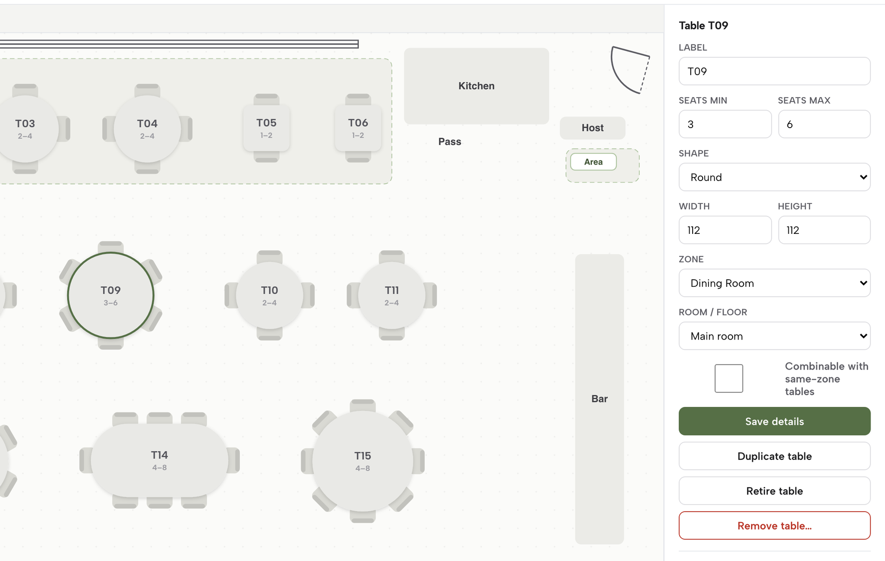 Table T09 selected on the plan, its inspector open: label, seats min 3 and max 6, round shape, width and height, zone, room, the combinable option, and Save details.