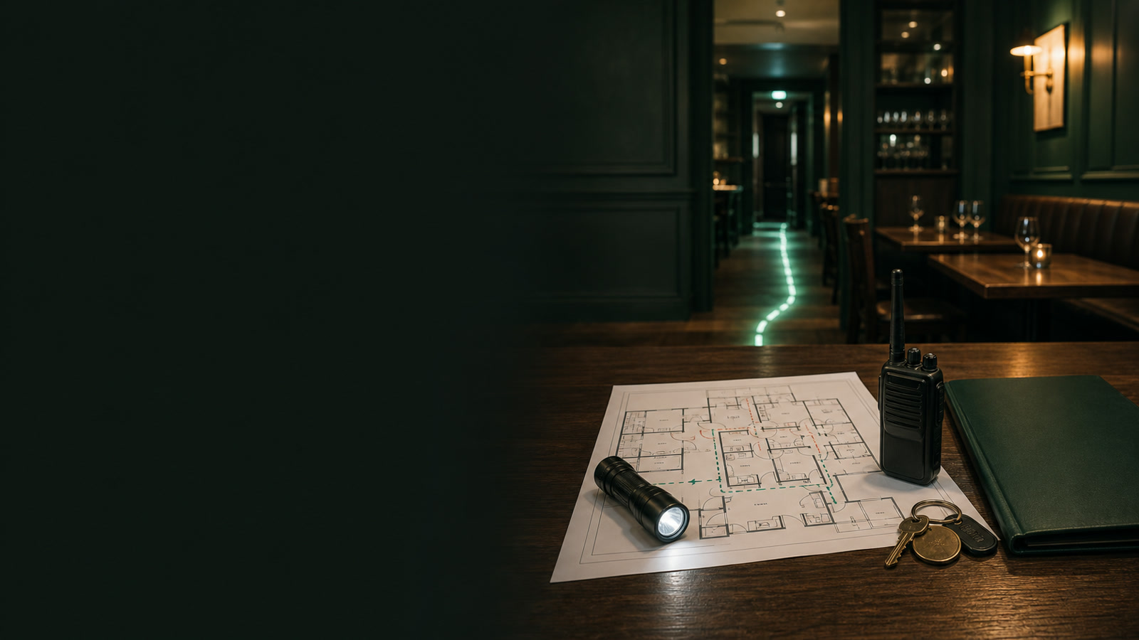 Editorial restaurant planning scene with a floor plan and safety checklist.