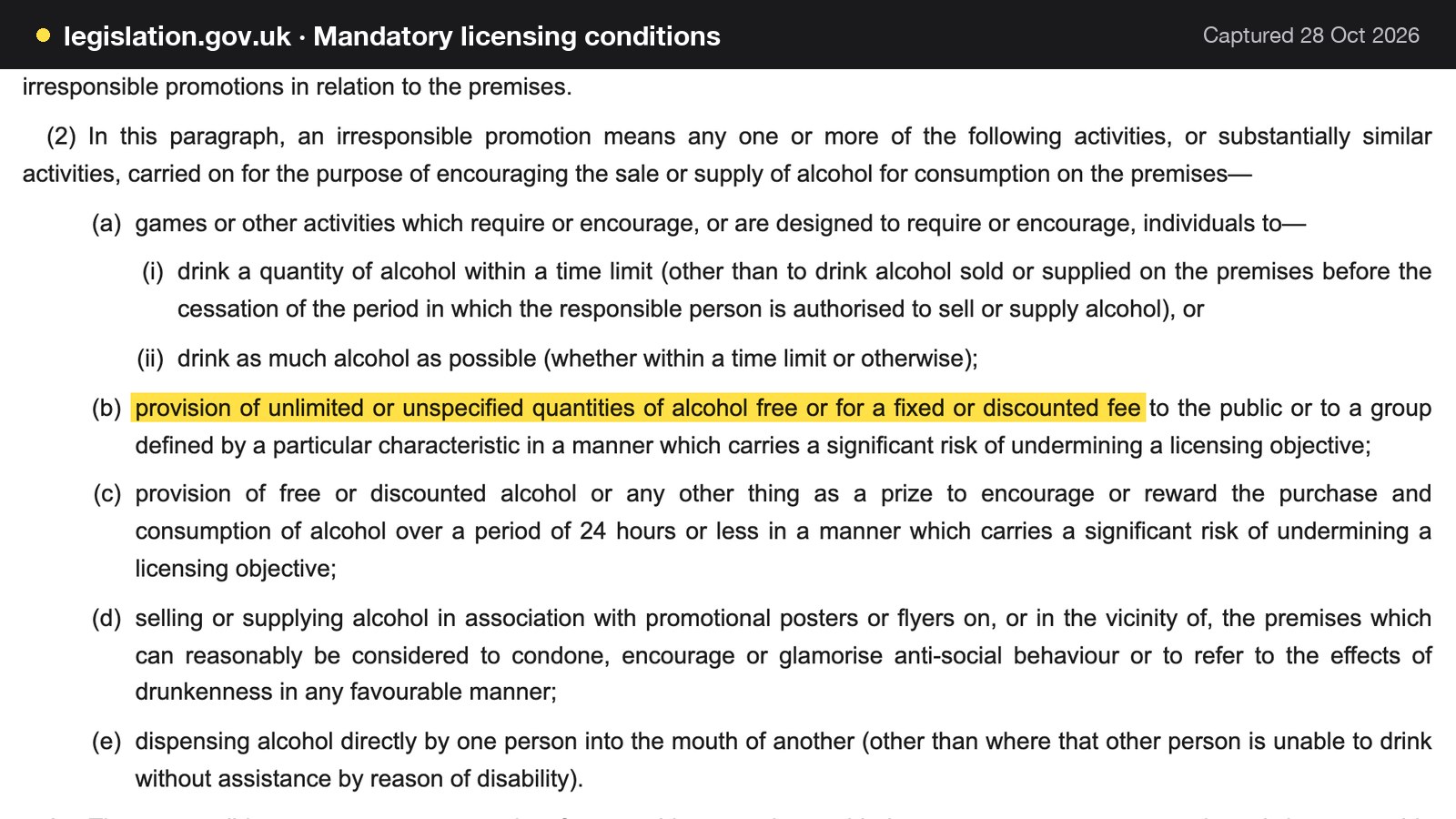 Screenshot of Mandatory licensing conditions on legislation.gov.uk, with the words "provision of unlimited or unspecified quantities of alcohol free or for a fixed or discounted fee" highlighted.