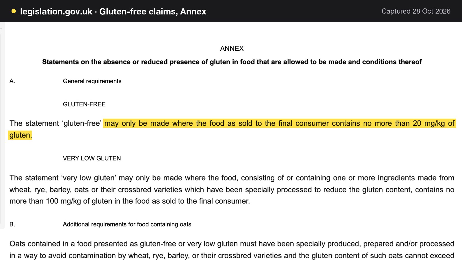 Screenshot of Gluten-free claims, Annex on legislation.gov.uk, with the words "may only be made where the food as sold to the final consumer contains no more than 20 mg/kg of gluten" highlighted.