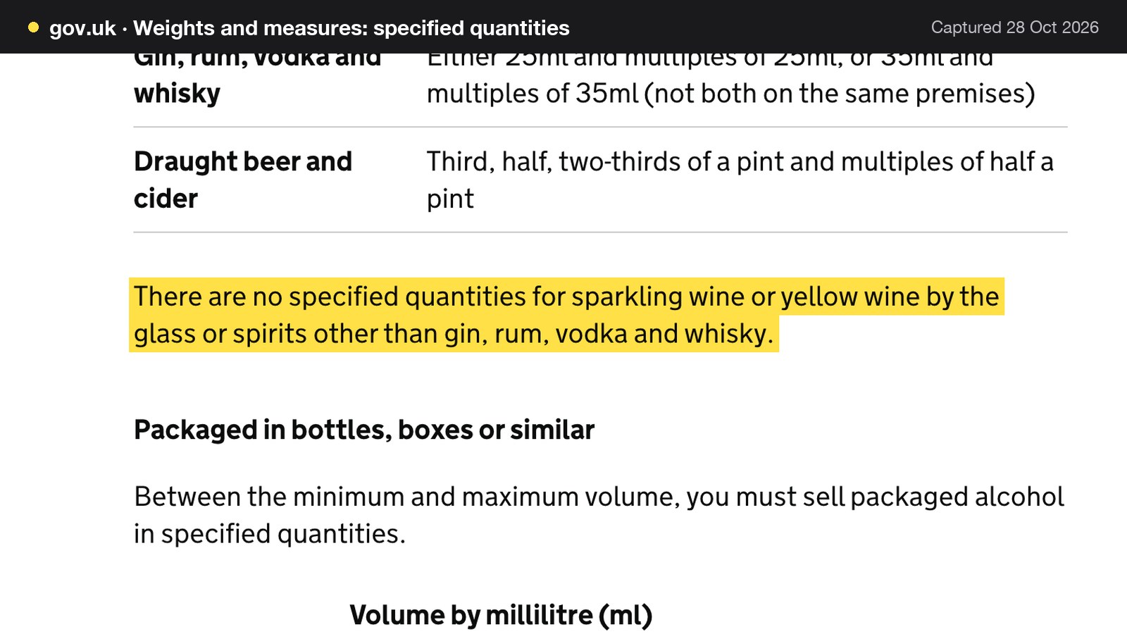 Screenshot of Weights and measures: specified quantities on gov.uk, with the words "There are no specified quantities for sparkling wine or yellow wine by the glass or spirits other than gin, rum, vodka and whisky." highlighted.