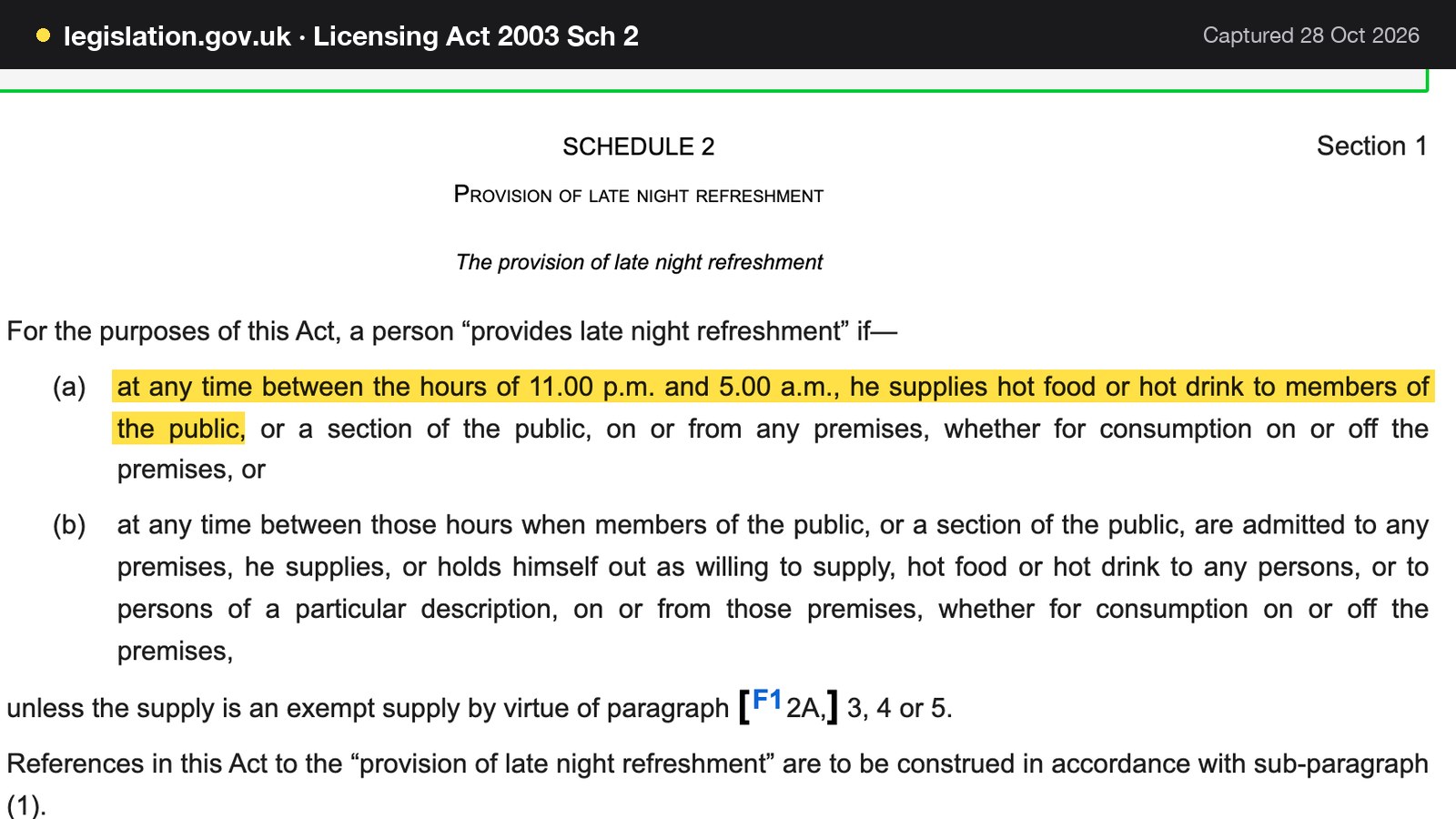 Screenshot of Licensing Act 2003 Sch 2 on legislation.gov.uk, with the words "at any time between the hours of 11.00 p.m. and 5.00 a.m., he supplies hot food or hot drink to members of the public" highlighted.