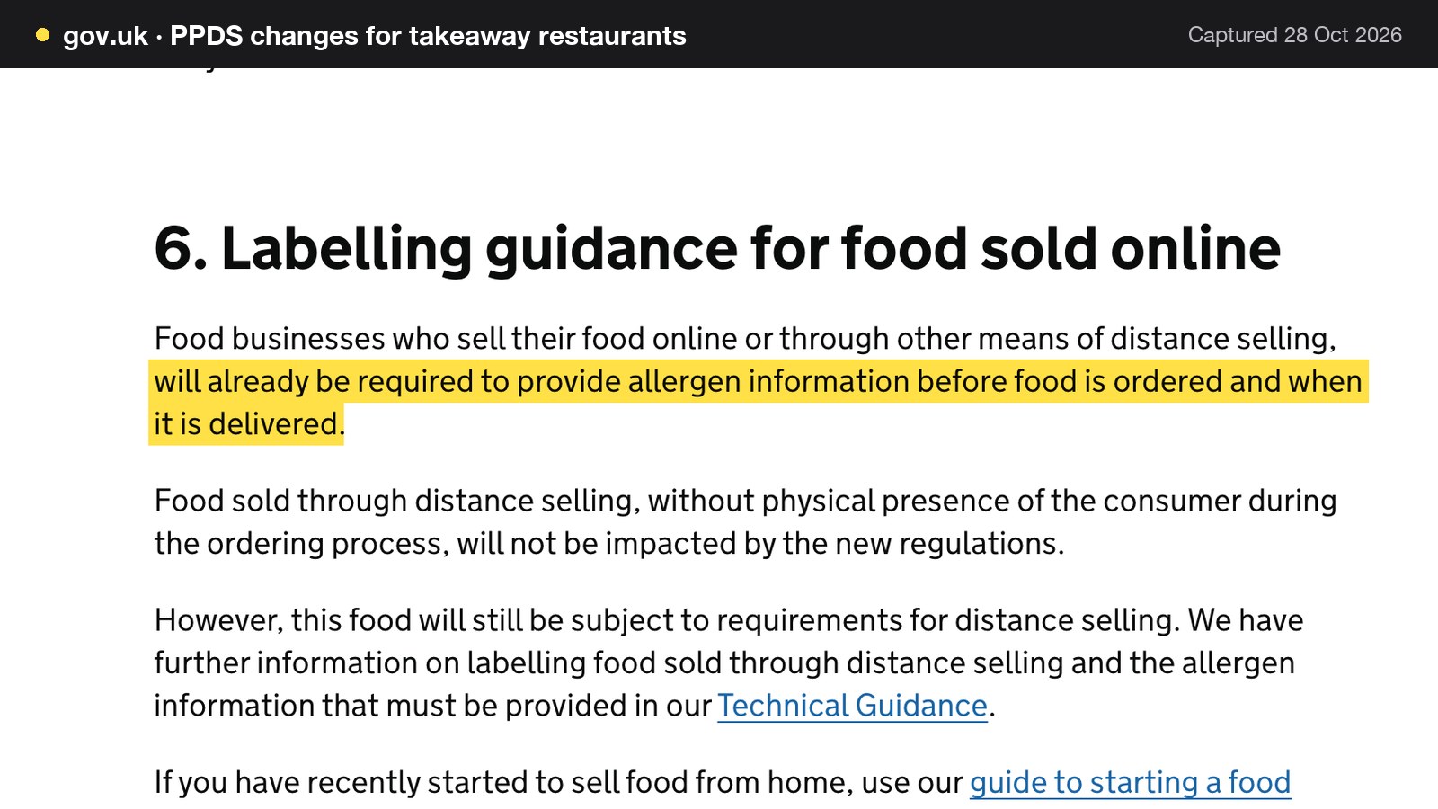 Screenshot of PPDS changes for takeaway restaurants on gov.uk, with the words "will already be required to provide allergen information before food is ordered and when it is delivered" highlighted.