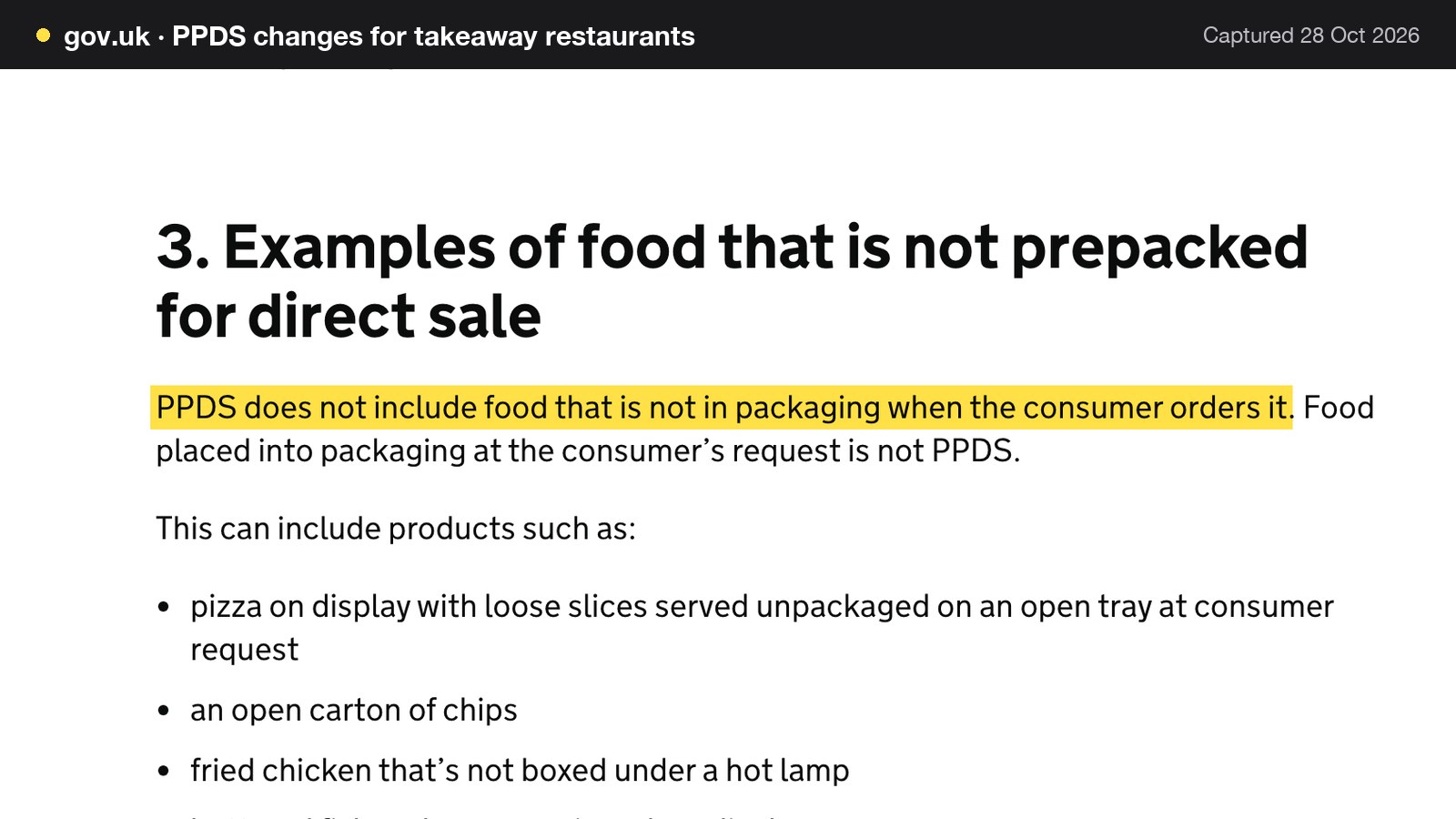 Screenshot of PPDS changes for takeaway restaurants on gov.uk, with the words "PPDS does not include food that is not in packaging when the consumer orders it" highlighted.
