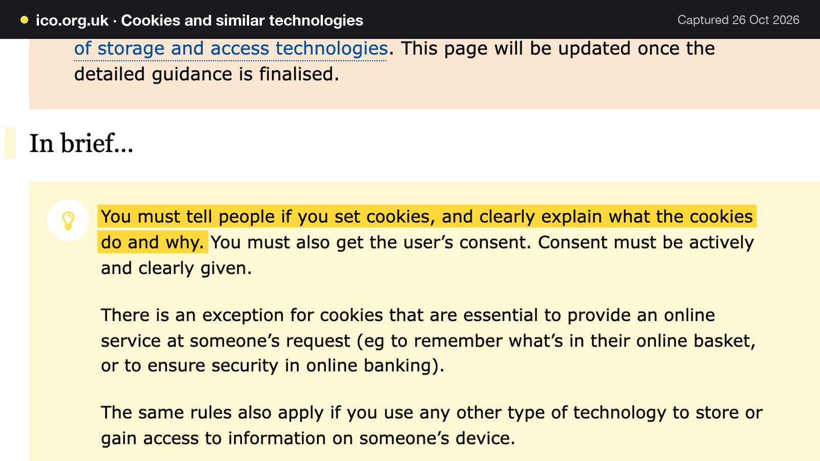 Screenshot of Cookies and similar technologies on ico.org.uk, with the words "You must tell people if you set cookies, and clearly explain what the cookies do and why." highlighted.