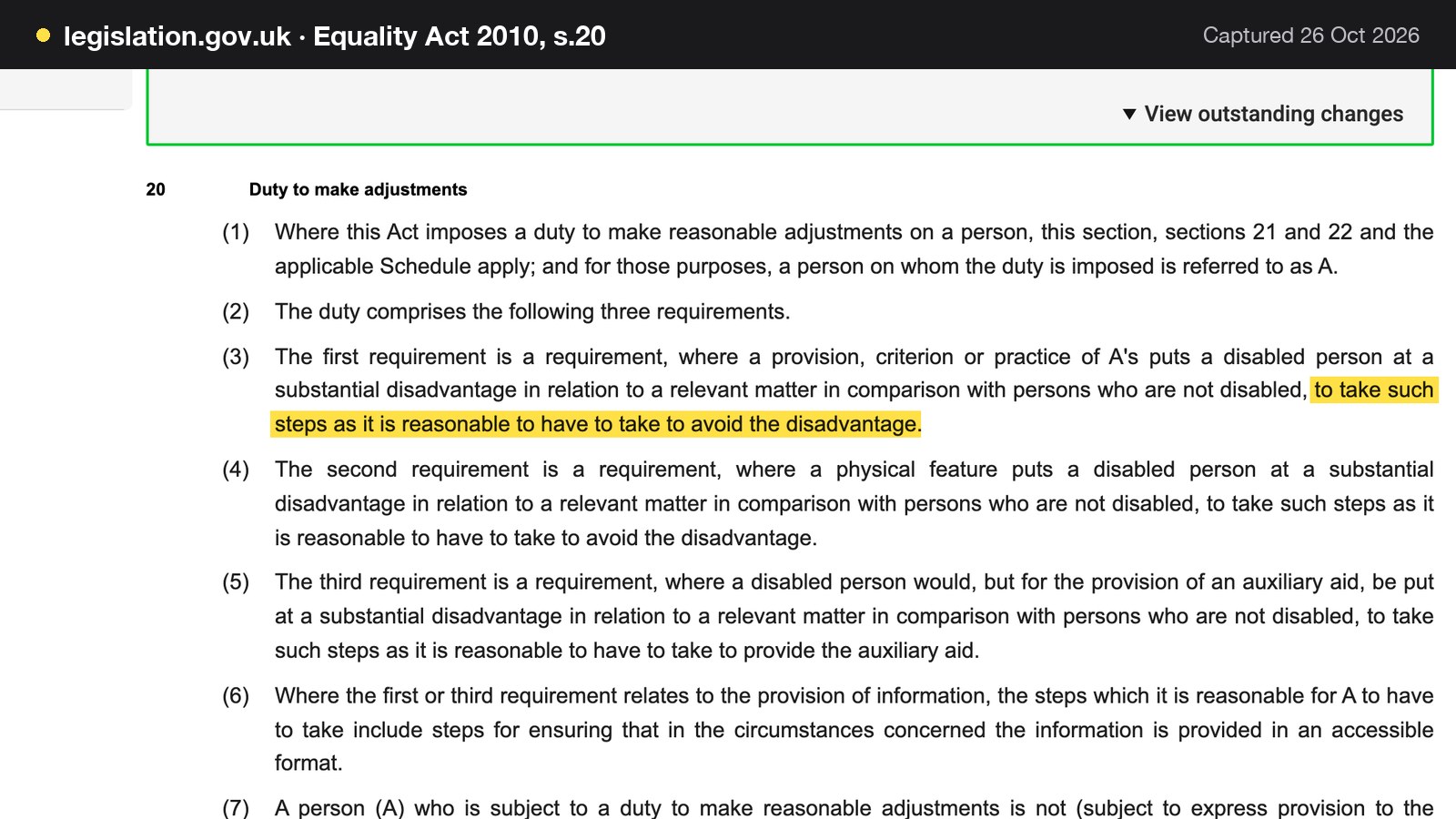 Screenshot of Equality Act 2010, s.20 on legislation.gov.uk, with the words "to take such steps as it is reasonable to have to take to avoid the disadvantage" highlighted.
