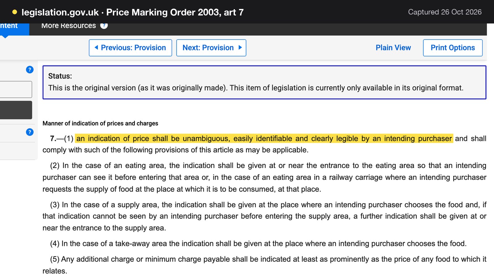 Screenshot of Price Marking Order 2003, art 7 on legislation.gov.uk, with the words "an indication of price shall be unambiguous, easily identifiable and clearly legible by an intending purchaser" highlighted.