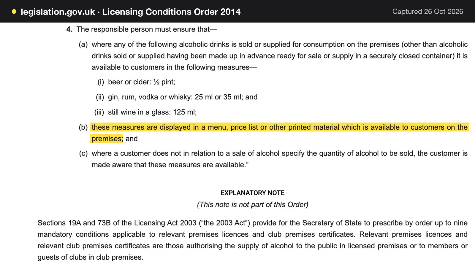 Screenshot of Licensing Conditions Order 2014 on legislation.gov.uk, with the words "these measures are displayed in a menu, price list or other printed material which is available to customers on the premises" highlighted.