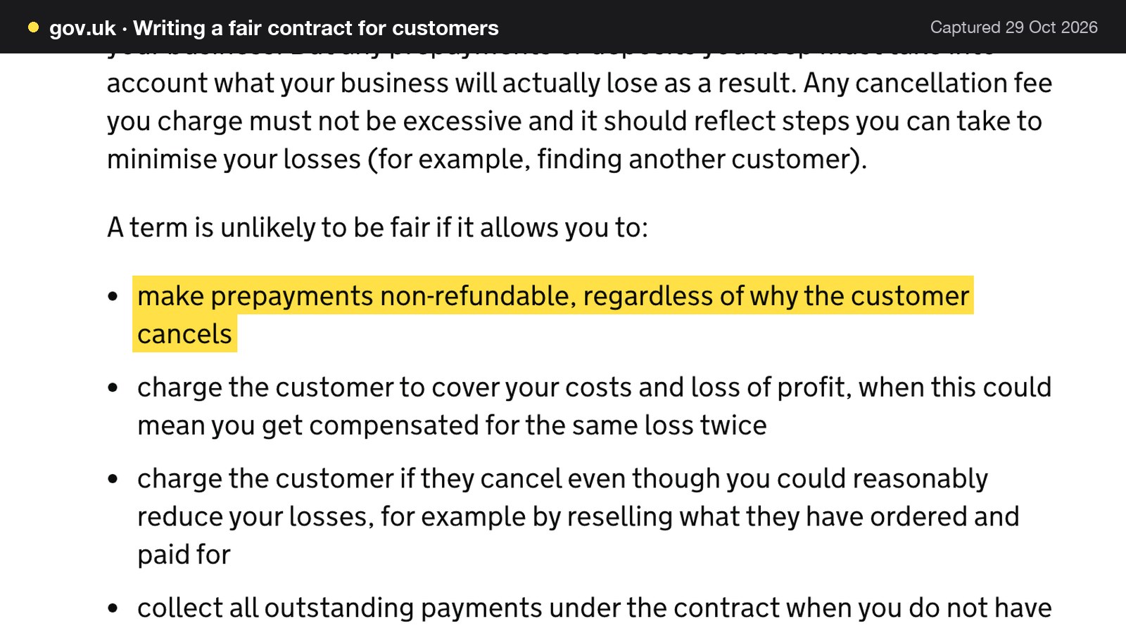 Screenshot of Writing a fair contract for customers on gov.uk, with the words "make prepayments non-refundable, regardless of why the customer cancels" highlighted.