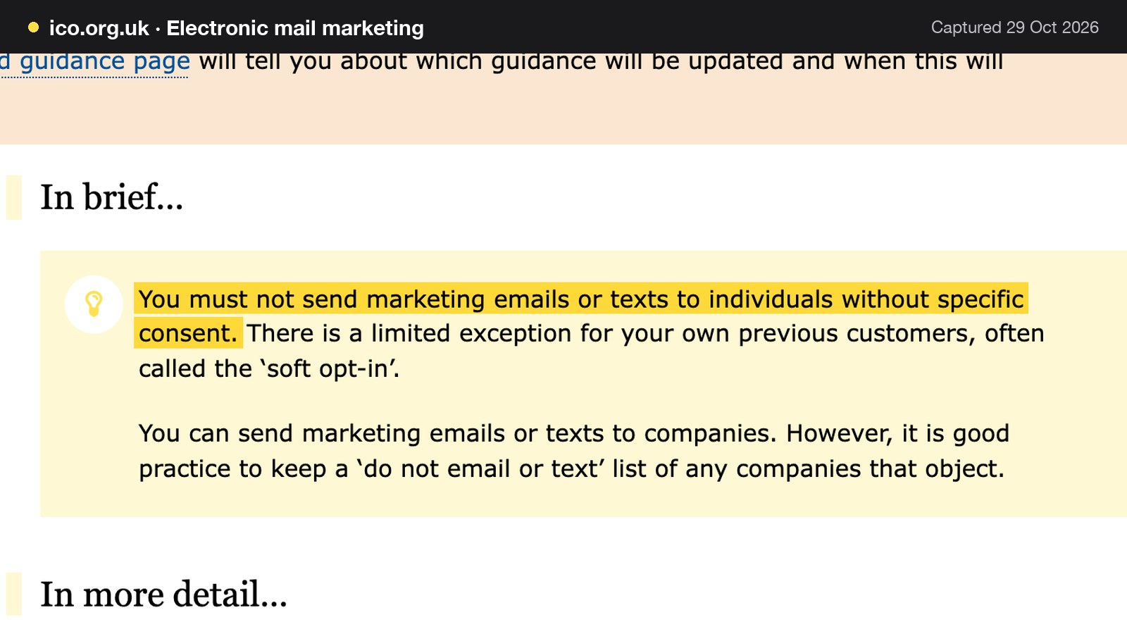 Screenshot of Electronic mail marketing on ico.org.uk, with the words "You must not send marketing emails or texts to individuals without specific consent." highlighted.