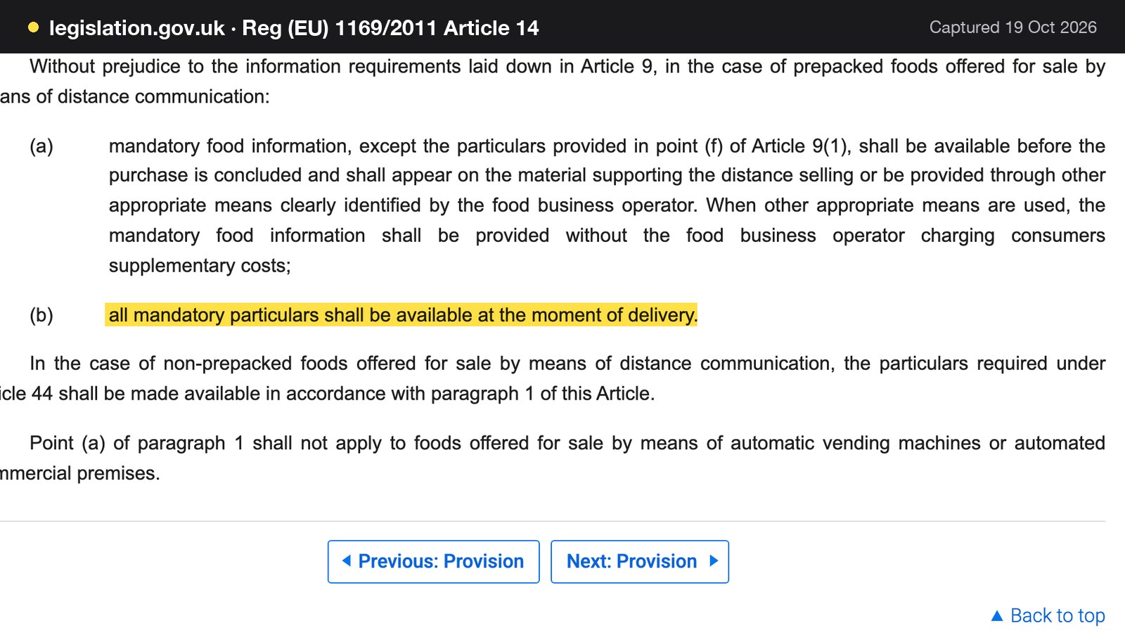 Screenshot of Reg (EU) 1169/2011 Article 14 on legislation.gov.uk, with the words "all mandatory particulars shall be available at the moment of delivery" highlighted.