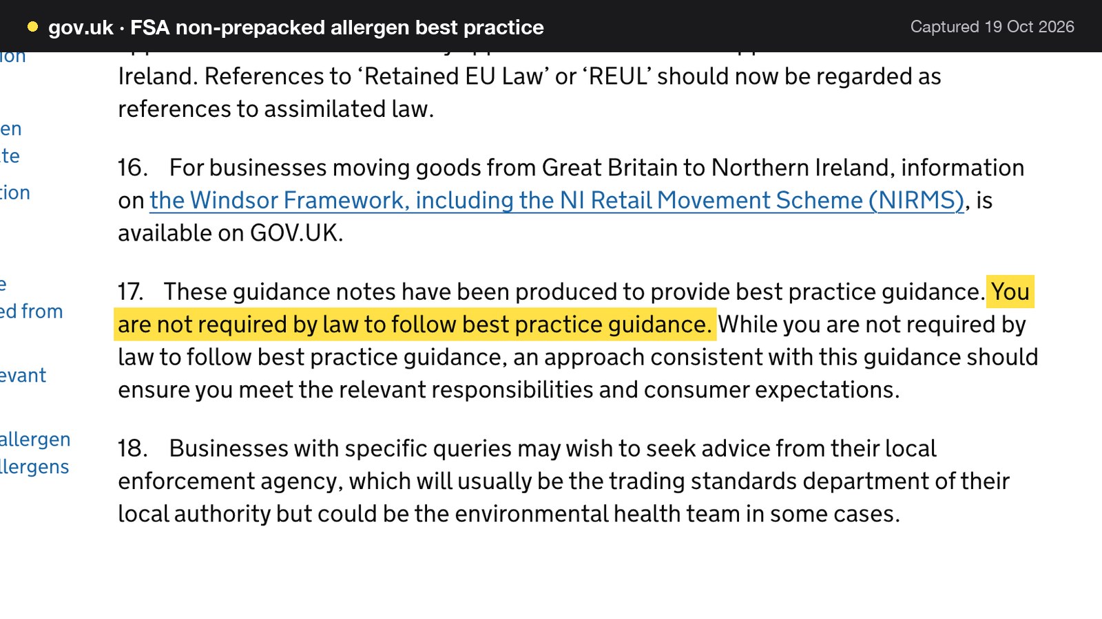 Screenshot of FSA non-prepacked allergen best practice on gov.uk, with the words "You are not required by law to follow best practice guidance." highlighted.