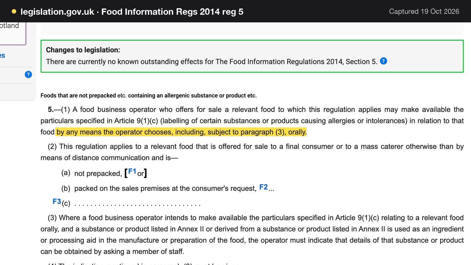 Screenshot of Food Information Regs 2014 reg 5 on legislation.gov.uk, with the words "by any means the operator chooses, including, subject to paragraph (3), orally" highlighted.