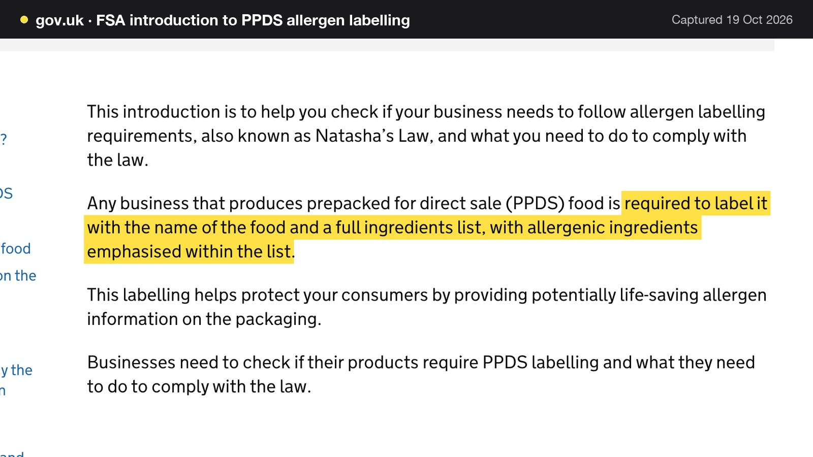 Screenshot of FSA introduction to PPDS allergen labelling on gov.uk, with the words "required to label it with the name of the food and a full ingredients list, with allergenic ingredients emphasised within the list" highlighted.
