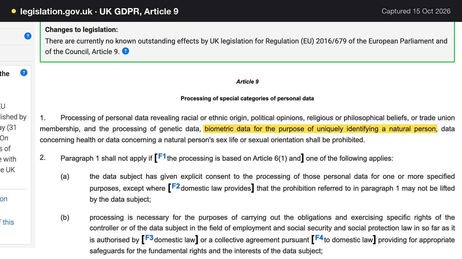 Screenshot of UK GDPR, Article 9 on legislation.gov.uk, with the words "biometric data for the purpose of uniquely identifying a natural person" highlighted.