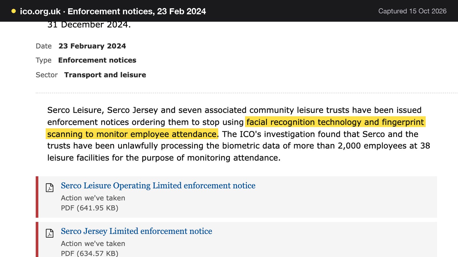 Screenshot of Enforcement notices, 23 Feb 2024 on ico.org.uk, with the words "facial recognition technology and fingerprint scanning to monitor employee attendance" highlighted.