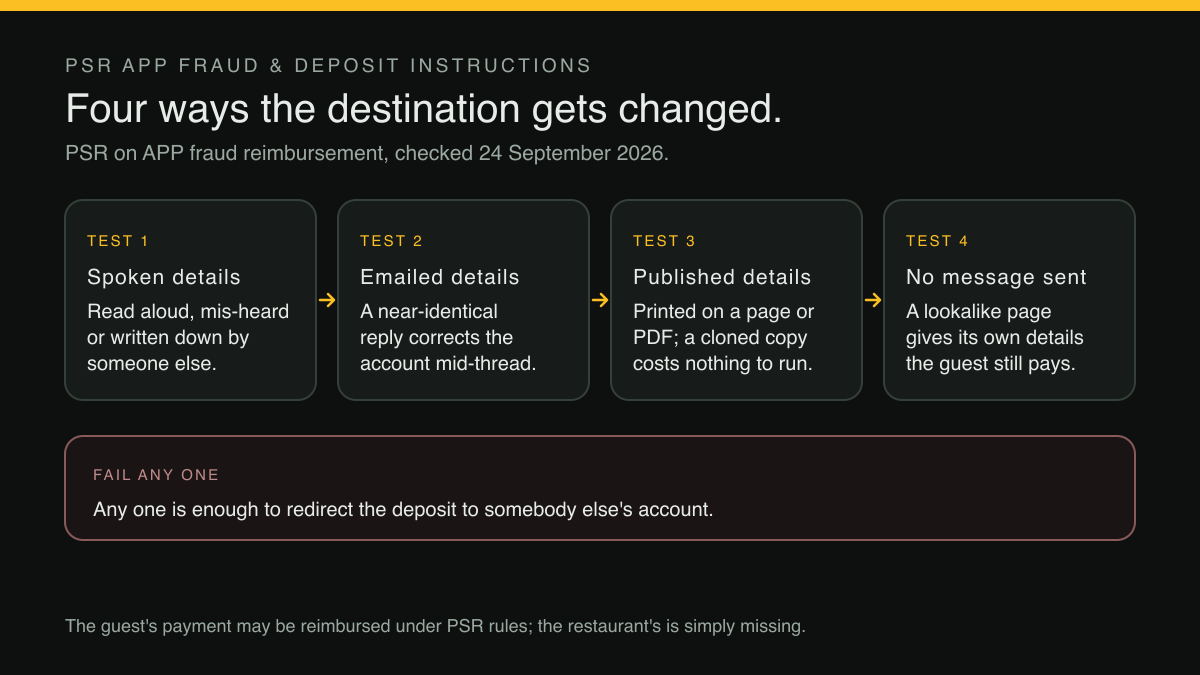 Four ways a deposit instruction can be altered before the guest pays, shown as a row. One: spoken details, read aloud and mis-heard or written down by someone else. Two: emailed details, a near-identical reply correcting the account inside the same thread. Three: published details, printed on a page or PDF where a cloned copy costs nothing to host. Four: no message sent by the restaurant at all, where a lookalike page gives its own details and the guest still pays. Below the row, a panel reads that any one of the four is enough to redirect the deposit to somebody else's account.