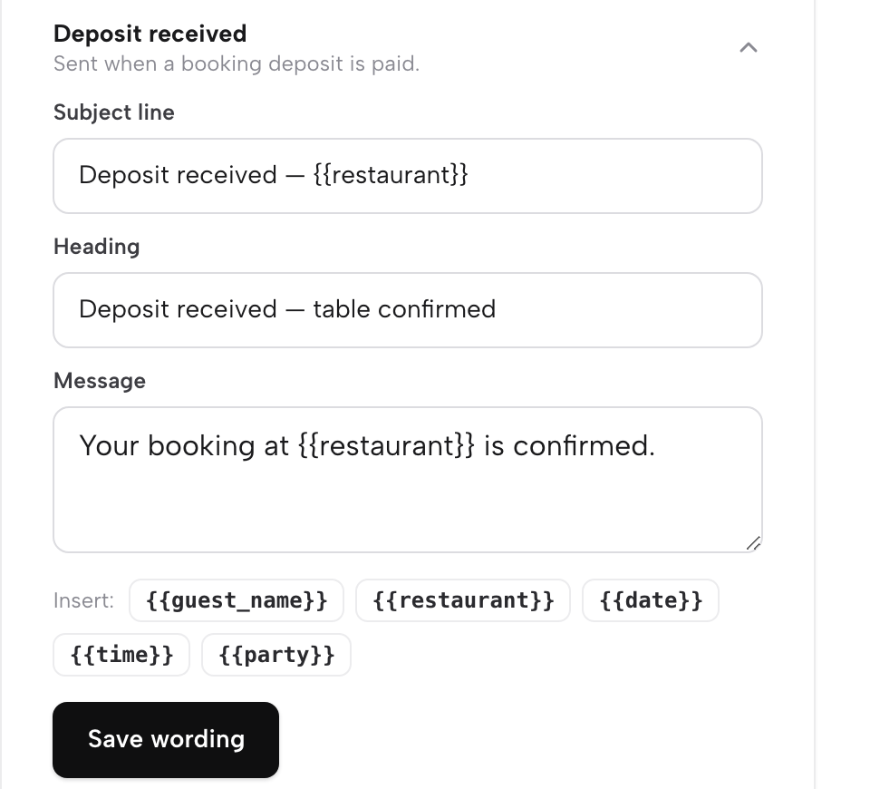 The Deposit received email expanded in Settings, Email, with its subject line, heading and message fields and the insertable guest name, restaurant, date, time and party tags.