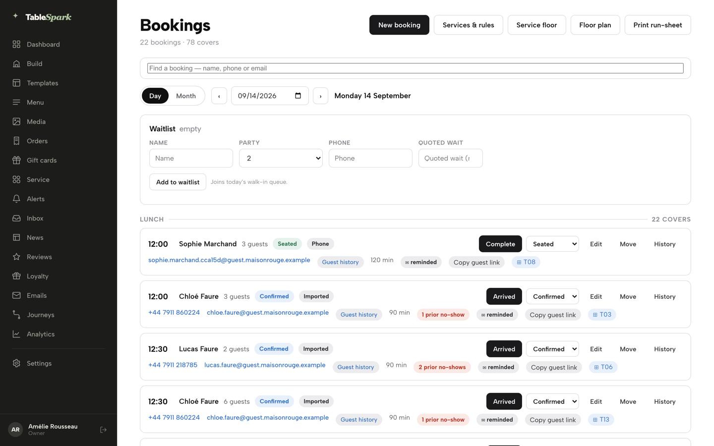 The Bookings diary's Day view, with search, the day's list and the Waitlist card