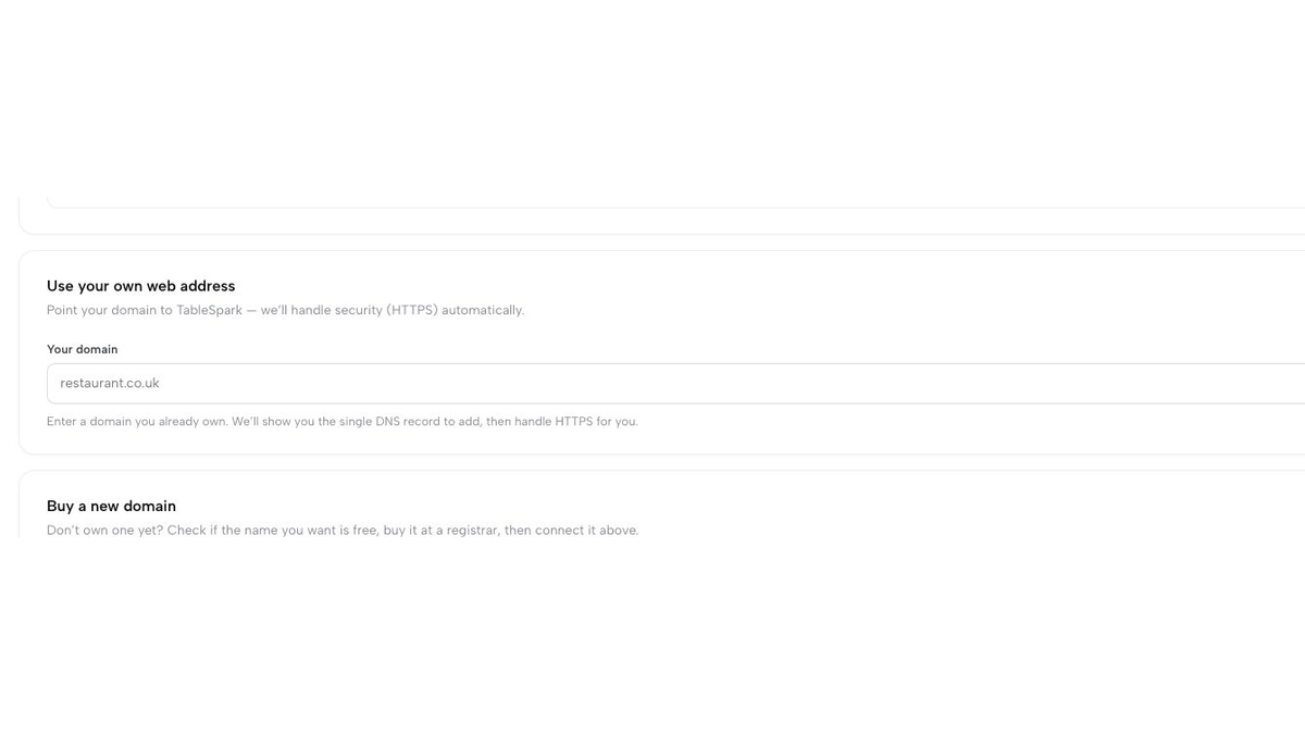 TableSpark domain settings showing an owned web-address field and automatic HTTPS handling.