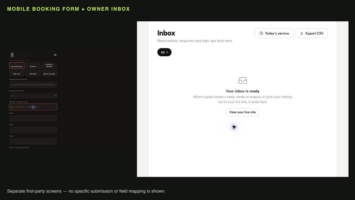Two separate authentic TableSpark screens: a mobile restaurant booking form with allergy and contact fields, and the restaurant Inbox empty state with CSV export.