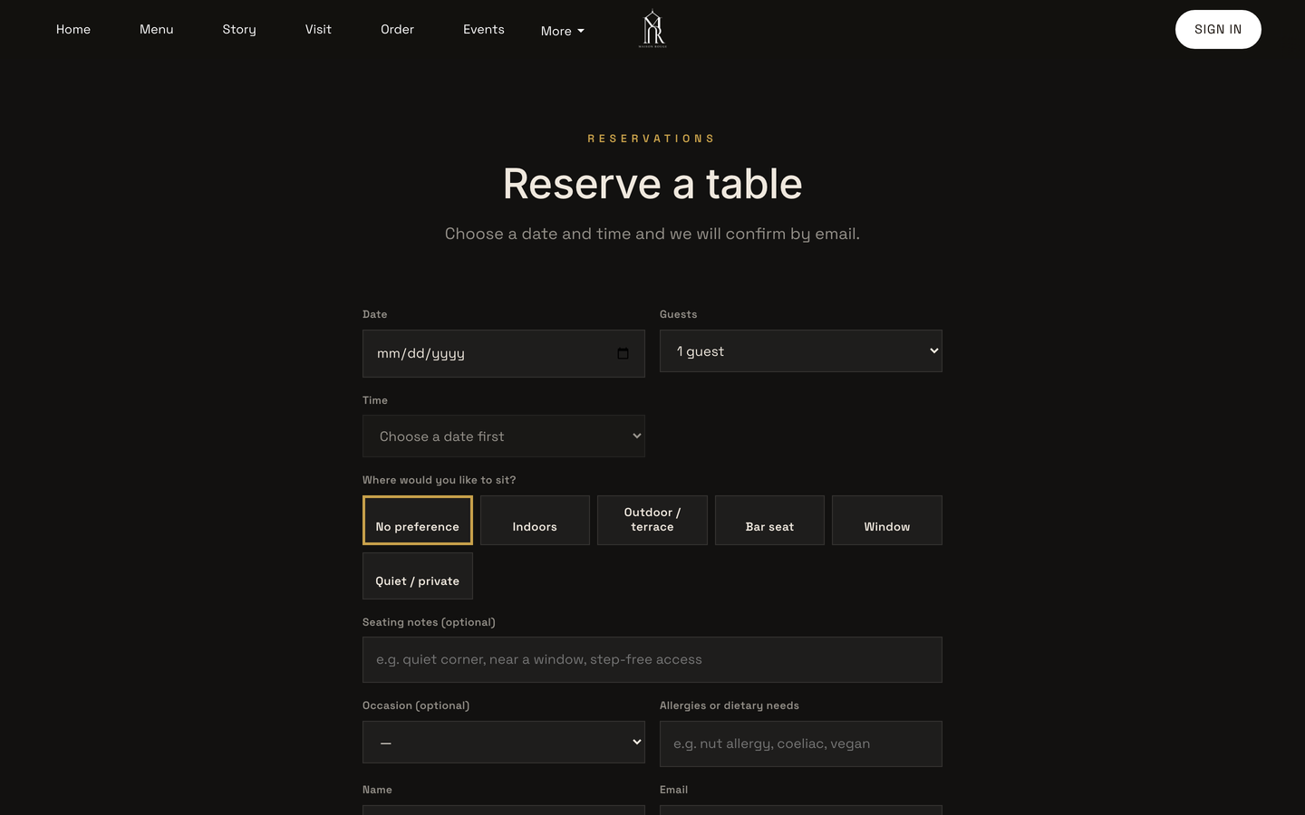 The reservations page's booking form: an empty Date field, Guests set to 1, and Time reading Choose a date first