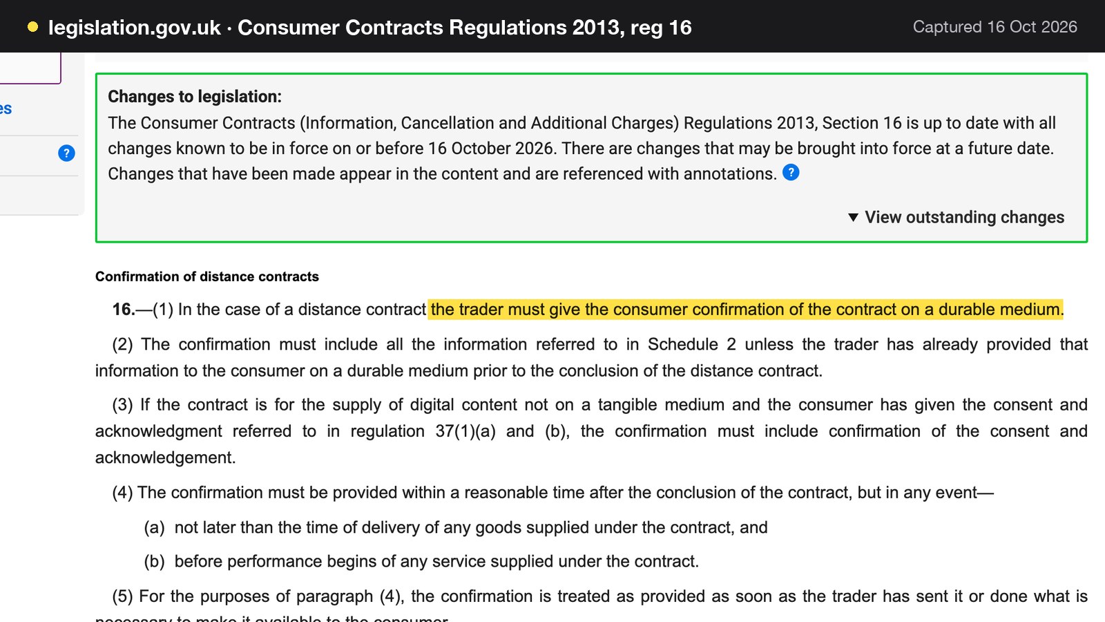 Screenshot of Consumer Contracts Regulations 2013, reg 16 on legislation.gov.uk, with the words "the trader must give the consumer confirmation of the contract on a durable medium" highlighted.