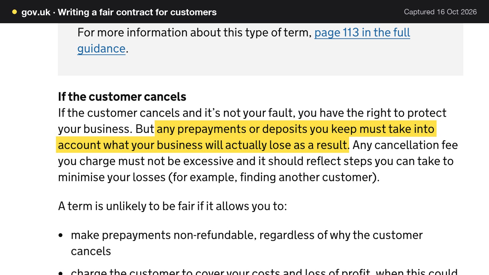Screenshot of Writing a fair contract for customers on gov.uk, with the words "any prepayments or deposits you keep must take into account what your business will actually lose as a result" highlighted.