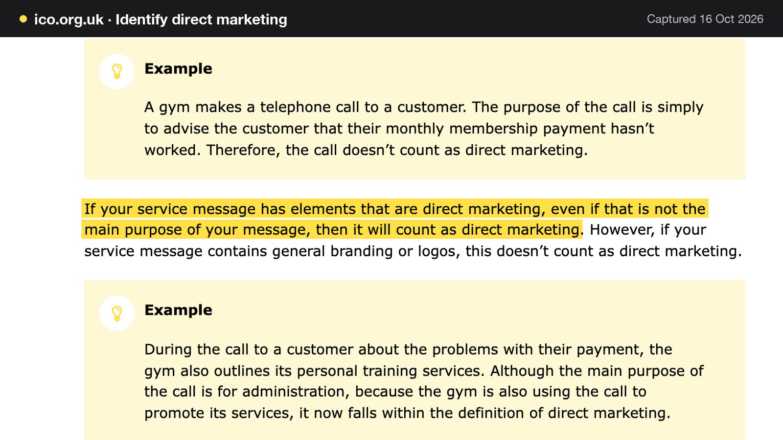 Screenshot of Identify direct marketing on ico.org.uk, with the words "If your service message has elements that are direct marketing, even if that is not the main purpose of your message, then it will count as direct marketing" highlighted.