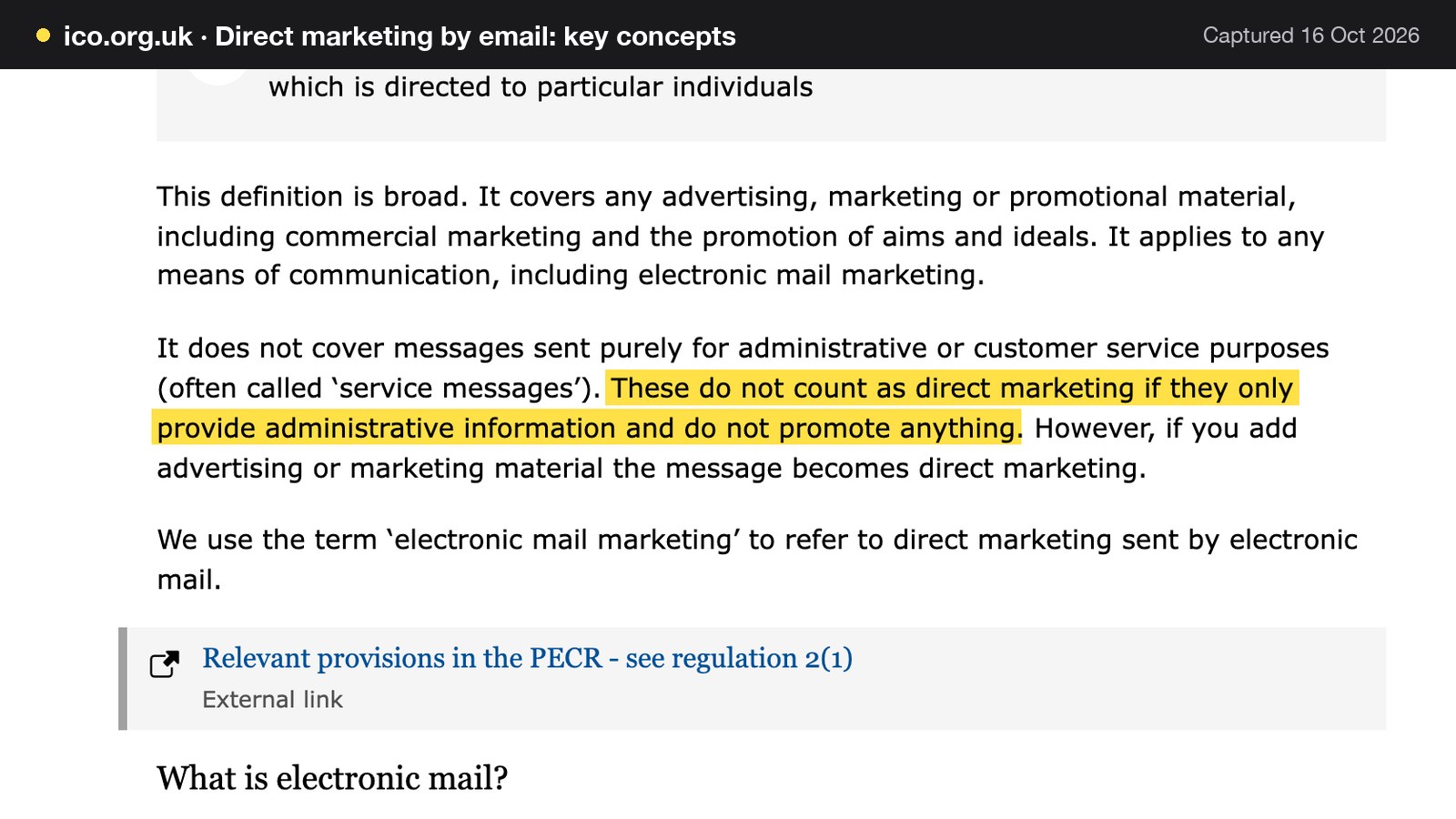 Screenshot of Direct marketing by email: key concepts on ico.org.uk, with the words "These do not count as direct marketing if they only provide administrative information and do not promote anything" highlighted.
