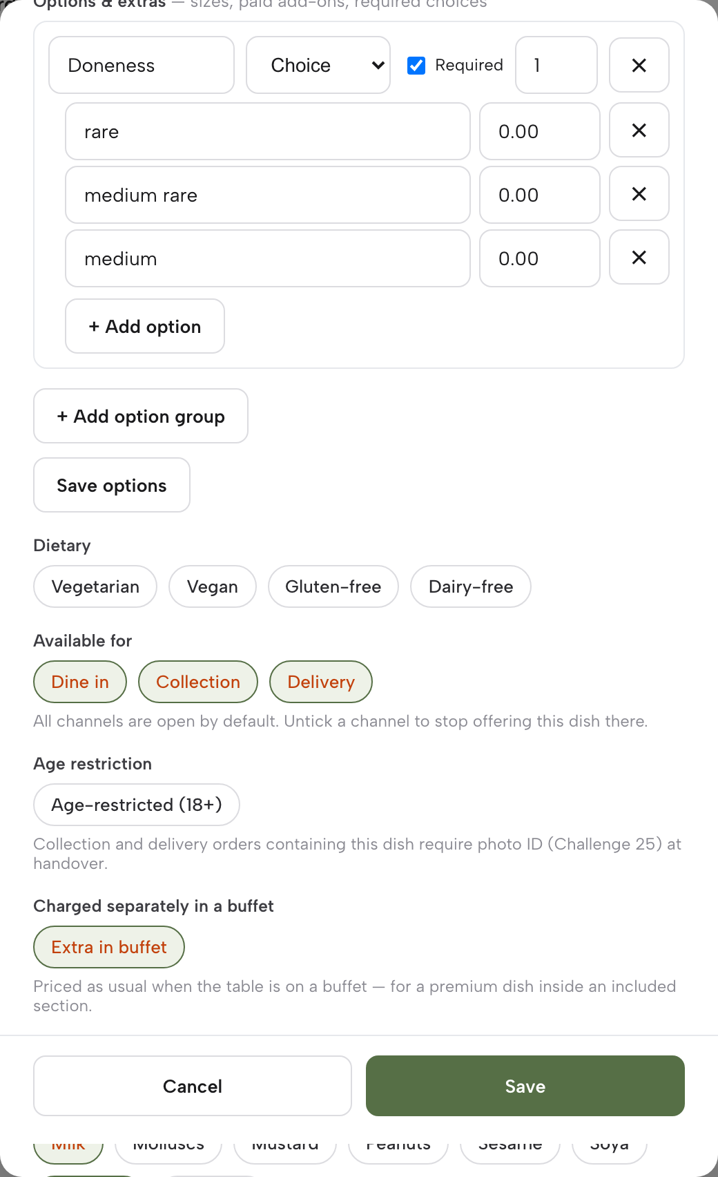 The dish editor scrolled to Charged separately in a buffet, with its Extra in buffet switch turned on