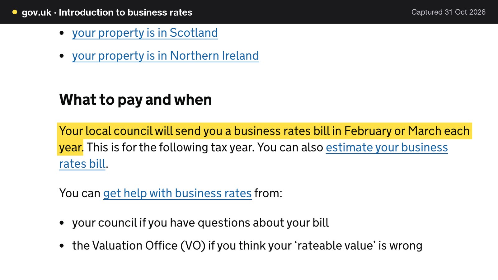Screenshot of Introduction to business rates on gov.uk, with the words "Your local council will send you a business rates bill in February or March each year" highlighted.
